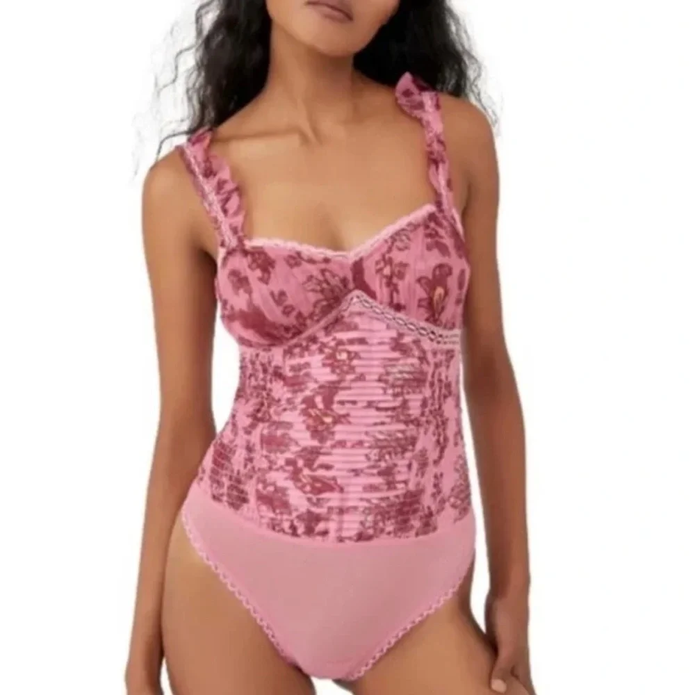Free People Pink Floral Lace Corset Bodysuit